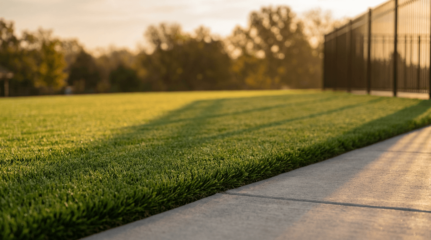 Close-up of lawn care professional mowing residential lawn in Tatura